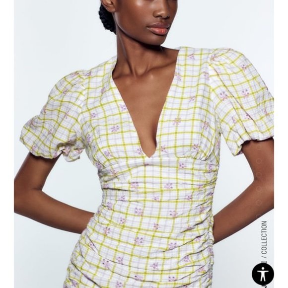 NWT Zara Floral Checkered Draped Mini W/ Adorable Balloon Short Sleeves. SZ XS - Picture 2 of 5